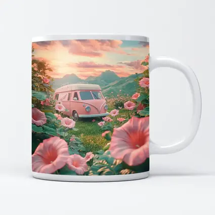 Pink Retro Van Surrounded By Morning Glory Flowers