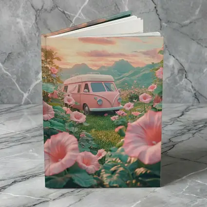 Pink Retro Van Surrounded By Morning Glory Flowers