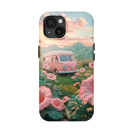 Pink Retro Van Surrounded By Morning Glory Flowers