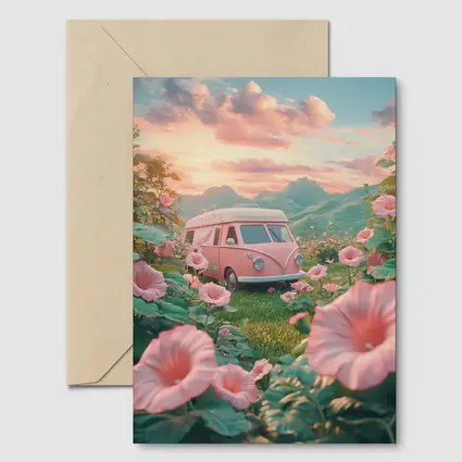 Pink Retro Van Surrounded By Morning Glory Flowers