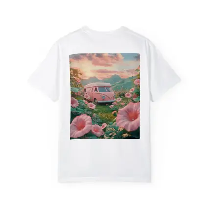 Pink Retro Van Surrounded By Morning Glory Flowers