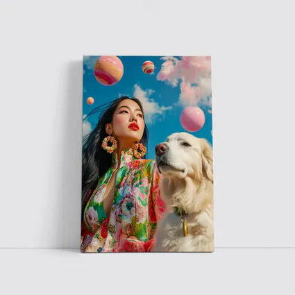Woman Floral Dress Golden Retriever Sky