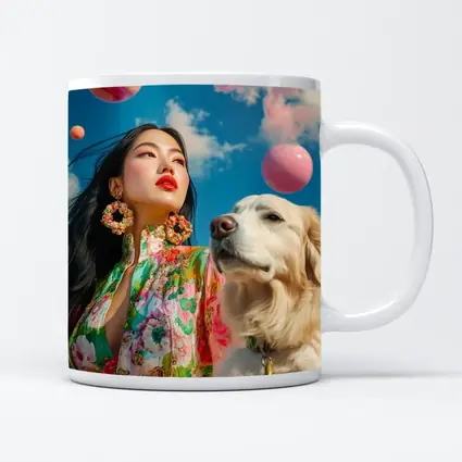 Woman Floral Dress Golden Retriever Sky