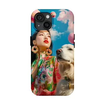 Woman Floral Dress Golden Retriever Sky