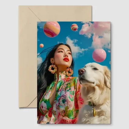 Woman Floral Dress Golden Retriever Sky