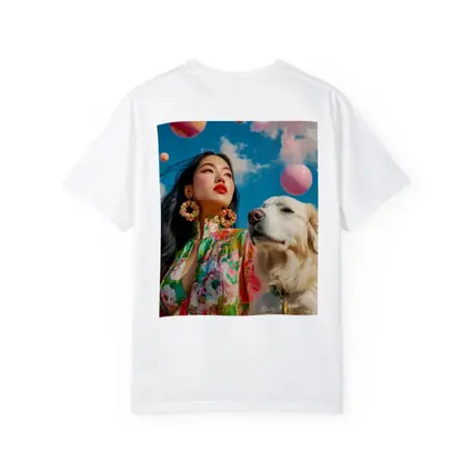 Woman Floral Dress Golden Retriever Sky