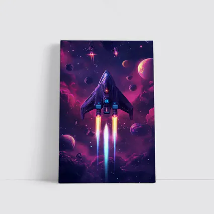 Sci Fi Spaceship Flying Through Purple Galaxy