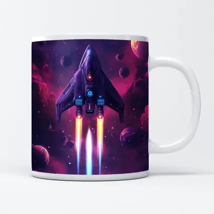 Sci Fi Spaceship Flying Through Purple Galaxy