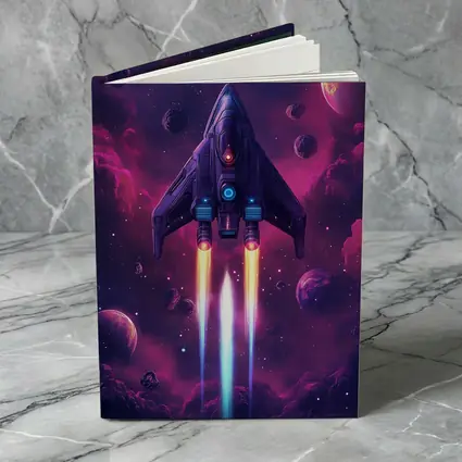 Sci Fi Spaceship Flying Through Purple Galaxy