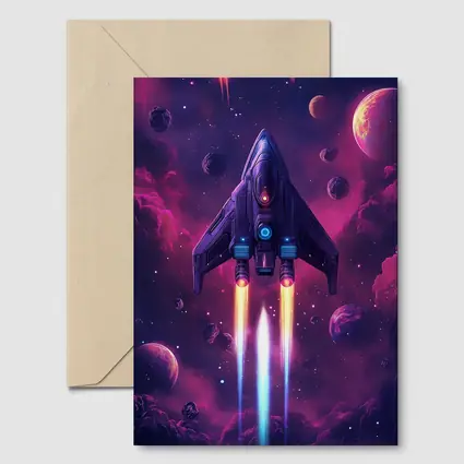Sci Fi Spaceship Flying Through Purple Galaxy
