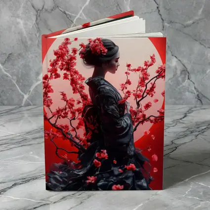 Japanese Geisha Red Cherry Blossoms Moon