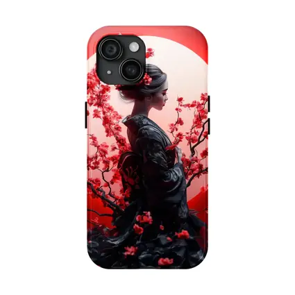 Japanese Geisha Red Cherry Blossoms Moon