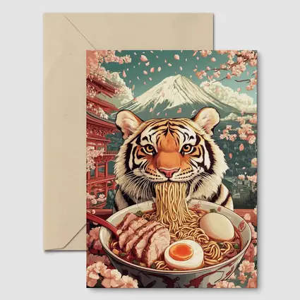 Tiger Eating Ramen Cherry Blossom Japan