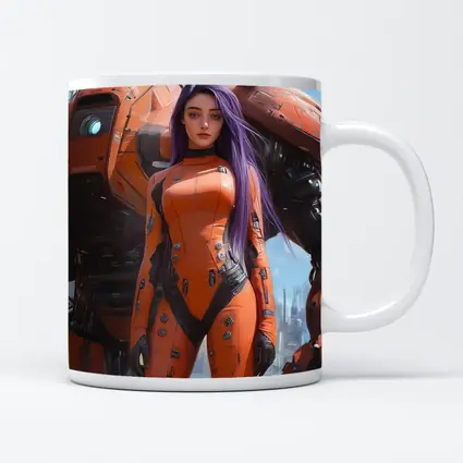 Cyberpunk Woman Orange Suit Giant Mech