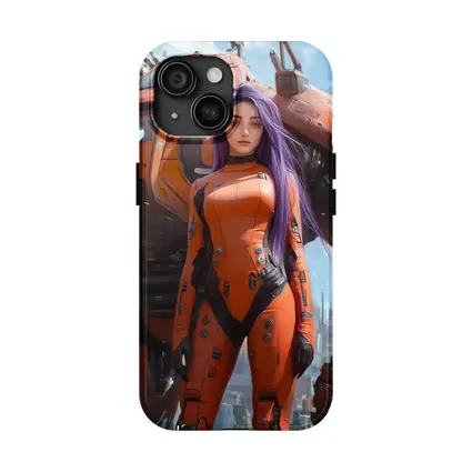 Cyberpunk Woman Orange Suit Giant Mech