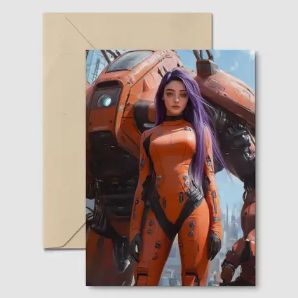Cyberpunk Woman Orange Suit Giant Mech