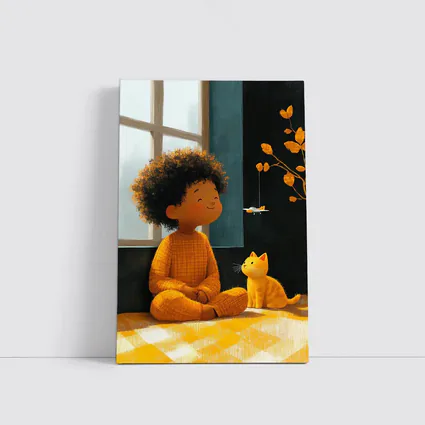 Curly Hair Child Cat Illustration Cozy Room