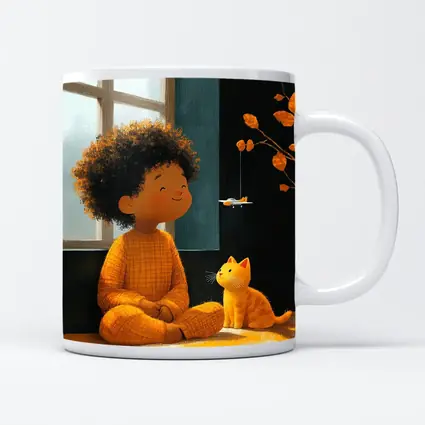 Curly Hair Child Cat Illustration Cozy Room