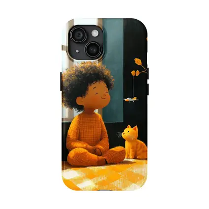 Curly Hair Child Cat Illustration Cozy Room