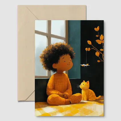Curly Hair Child Cat Illustration Cozy Room