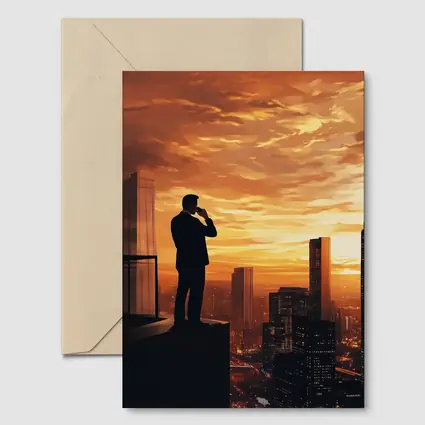 Businessman Silhouette City Skyline Sunset Art