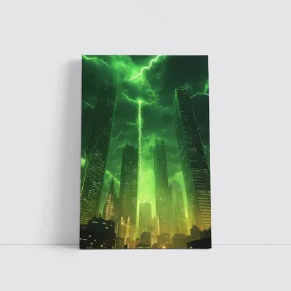 Green Lightning Storm Over Dark City Skyline