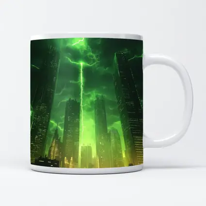 Green Lightning Storm Over Dark City Skyline