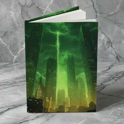 Green Lightning Storm Over Dark City Skyline
