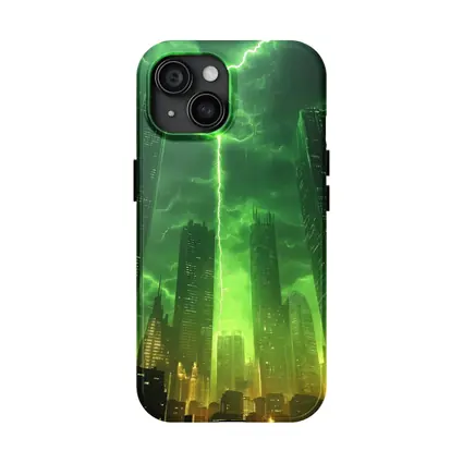 Green Lightning Storm Over Dark City Skyline