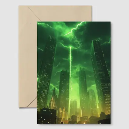 Green Lightning Storm Over Dark City Skyline