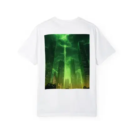 Green Lightning Storm Over Dark City Skyline