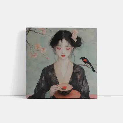 Japanese Woman Cherry Blossoms Bird Painting