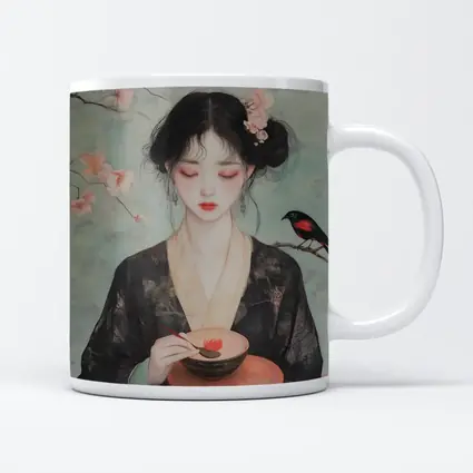 Japanese Woman Cherry Blossoms Bird Painting