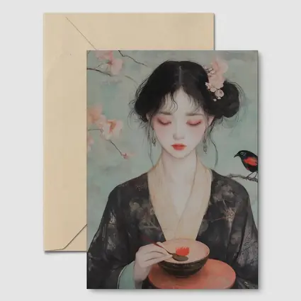 Japanese Woman Cherry Blossoms Bird Painting