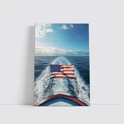 American Flag On Boat Ocean Wake