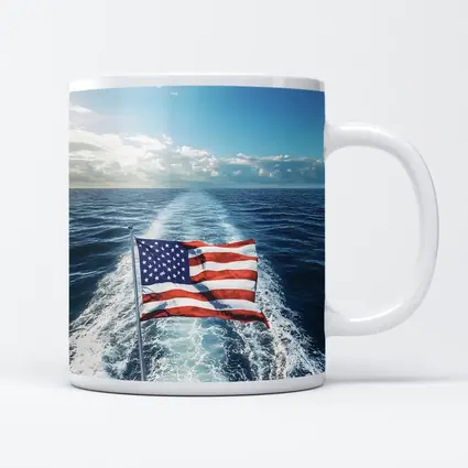 American Flag On Boat Ocean Wake