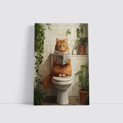 Orange Cat Reading Newspaper On Toilet