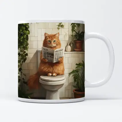 Orange Cat Reading Newspaper On Toilet