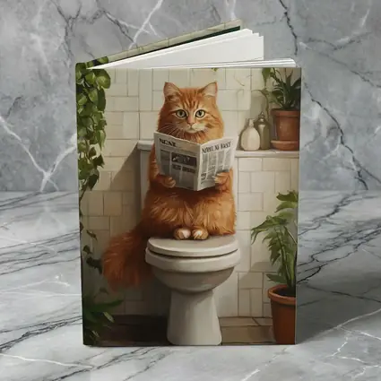 Orange Cat Reading Newspaper On Toilet