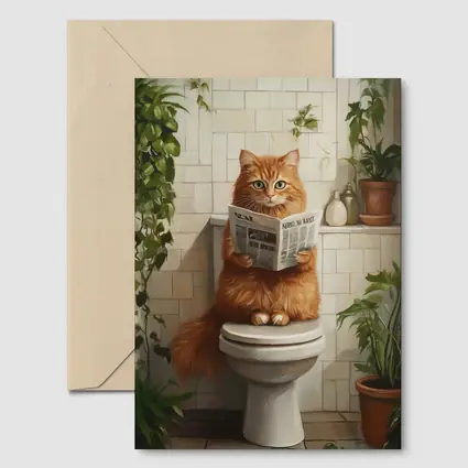 Orange Cat Reading Newspaper On Toilet
