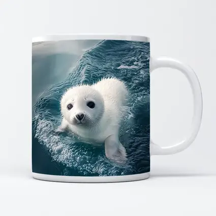 White Baby Seal Pup Swimming Blue Ocean