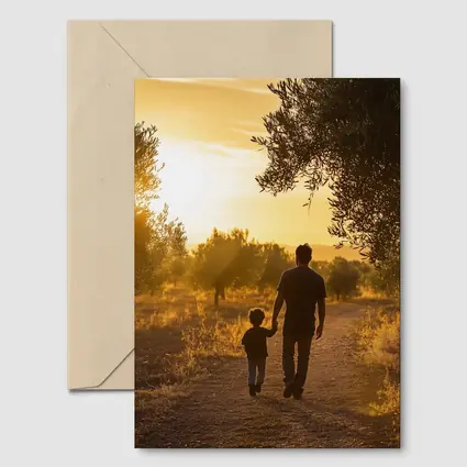 Father and Son Walking at Golden Sunset