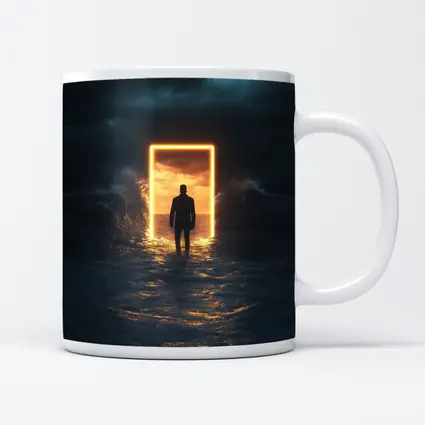 Man Walking Toward Glowing Door Ocean Storm
