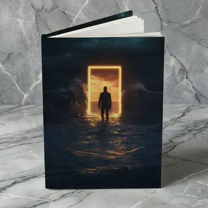Man Walking Toward Glowing Door Ocean Storm