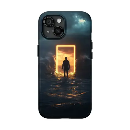 Man Walking Toward Glowing Door Ocean Storm
