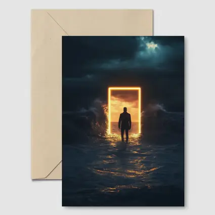 Man Walking Toward Glowing Door Ocean Storm
