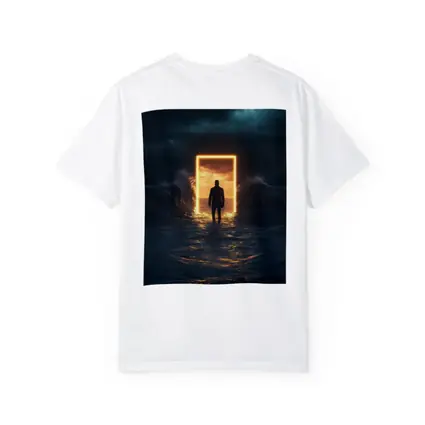 Man Walking Toward Glowing Door Ocean Storm