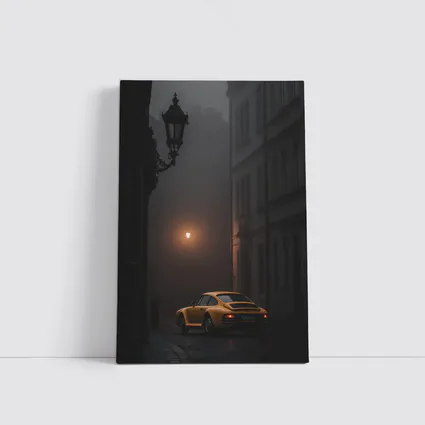 Yellow Porsche 911 Foggy Night Street