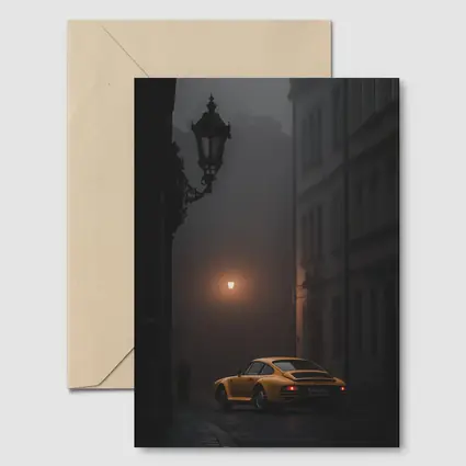 Yellow Porsche 911 Foggy Night Street