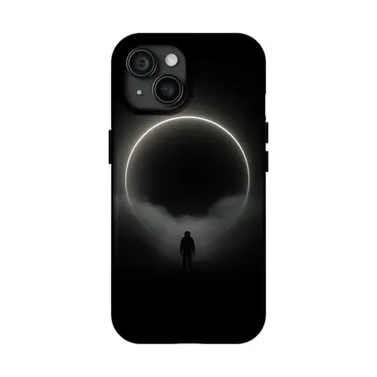 Lone Silhouette Standing Before Glowing Circle